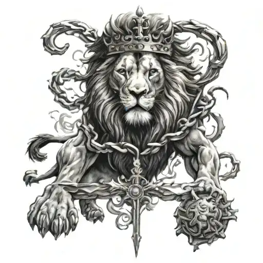 Lion with crown below him is a cloud and lighting strikes a cross that gabriel is holding to kill a demon  tattoo design idea