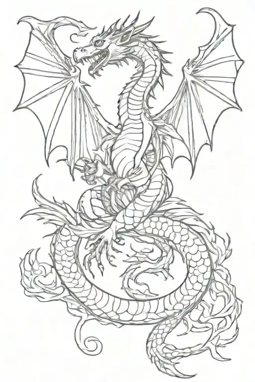 tarot symbols surrounding a simple outline of a dragon tattoo design idea