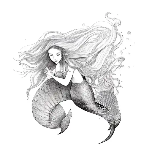 mermaid with flowing hair swimming up tattoo design idea