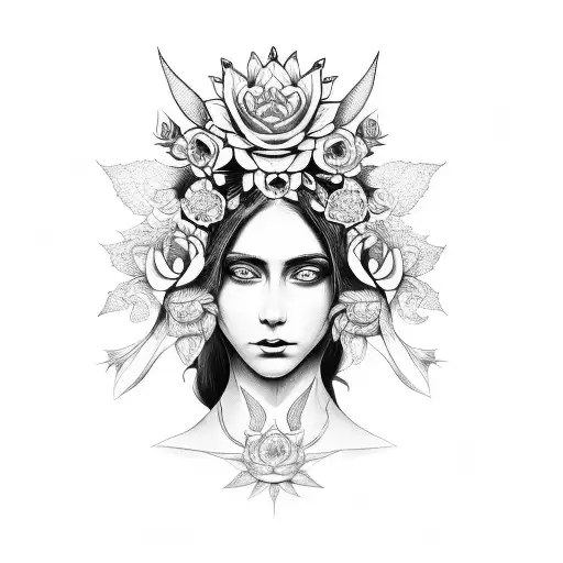  Saint Maria, flowers in hair, agressive eyes, clear eyes, Malenia Elden Ring, Lotus, spikes,   tattoo design idea