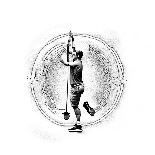 A dotwork tattoo of a disc golf player in action with the Butthurt Classic disc flying tattoo design idea