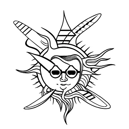 A minimalist tattoo of a surfboard with the sun setting over the ocean tattoo design idea