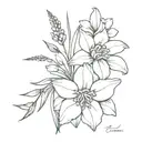 bouquet with a snowdrop, larkspur, poppy, gladiolus, and chrysanthemum  tattoo design idea