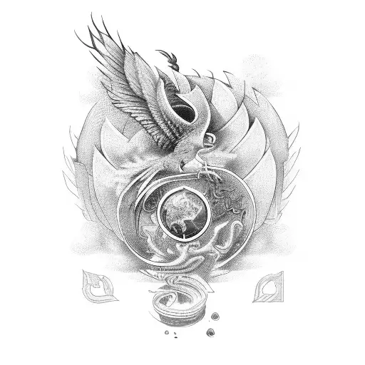 small phenix retising surrounded by symbols of alchemy tattoo design idea
