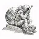 a man on the moon sitting and thinking in a sort of sad mood tattoo design idea