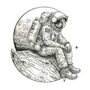 a man on the moon sitting and thinking in a sort of sad mood tattoo design idea