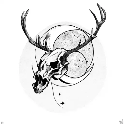 demonic deer skull in cloak with moon in background tattoo design idea