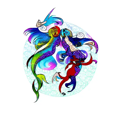 Psychedelic tattoo of a Pisces fish accompanied by dancing monkeys tattoo design idea