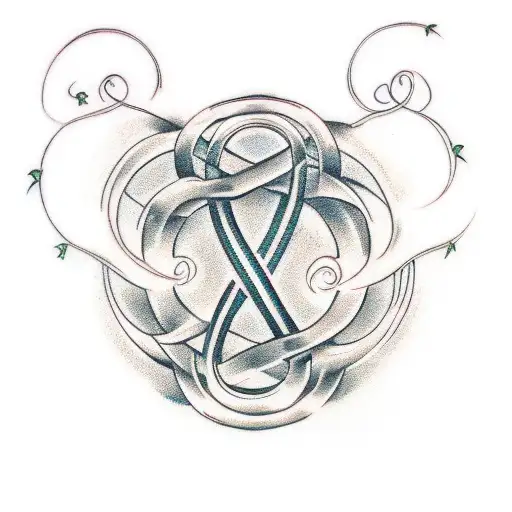 Infinity symbol with small Ivy leaves and thé written first names of m'y children  'Mathieu', 'Loris','Killian', 'Mael' tattoo design idea