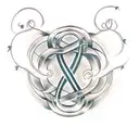 Infinity symbol with small Ivy leaves and thé written first names of m'y children  'Mathieu', 'Loris','Killian', 'Mael' tattoo design idea