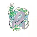 Infinity symbol with small Ivy leaves and thé written first names of m'y children  'Mathieu', 'Loris','Killian', 'Mael' tattoo design idea