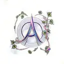 Infinity symbol with small Ivy leaves and thé written first names of m'y children  'Mathieu', 'Loris','Killian', 'Mael' tattoo design idea