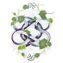 Infinity symbol with small Ivy leaves and thé written first names of m'y children  'Mathieu', 'Loris','Killian', 'Mael' tattoo design idea