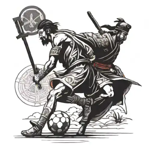 A Greek soldier playing soccer with a Japanese samurai, with an Orthodox cross and a symbol of God in the background tattoo design idea