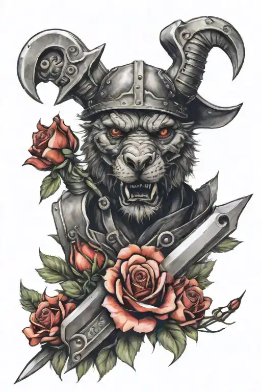 Baer face with open jaw and red eyes, surrounded by roses and a blacksmith forging a sword tattoo design idea