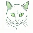 A mystical black cat with glowing green eyes and a crescent moon on its forehead. tattoo design idea