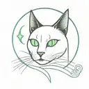 A mystical black cat with glowing green eyes and a crescent moon on its forehead. tattoo design idea