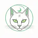 A mystical black cat with glowing green eyes and a crescent moon on its forehead. tattoo design idea