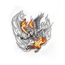 Create a sketch-style tattoo of Prometheus stealing fire from the gods, with flames intertwining with architectural elements. tattoo design idea