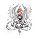 Create a sketch-style tattoo of Prometheus stealing fire from the gods, with flames intertwining with architectural elements. tattoo design idea