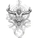 Create a sketch-style tattoo of Prometheus stealing fire from the gods, with flames intertwining with architectural elements. tattoo design idea