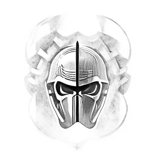 front view half spartan skull with beard helmet half is soldier tattoo design idea