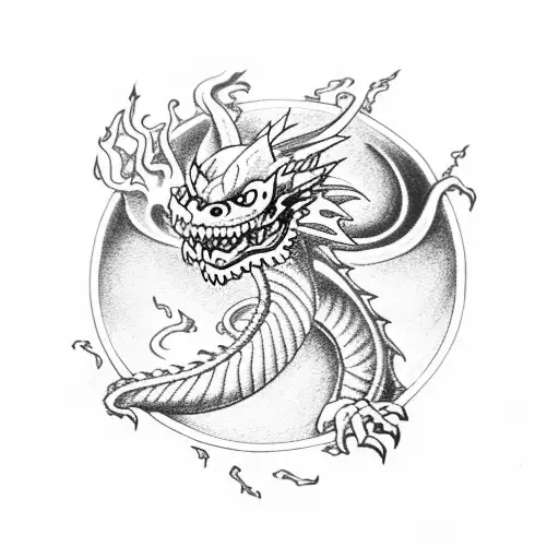 dragon with thehad of ace from one piece. the dragon have a tattoo on him with the letter E.N.D. . the dragon spits fire tattoo design idea