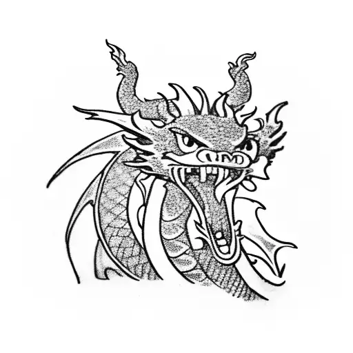 dragon with the had of ace from one piece. the dragon have a tattoo on him with the letter E.N.D. .the dragon spits fire tattoo design idea