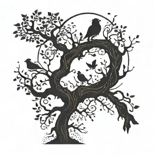 A tree of life with two branches for your kids and a small bird flying away symbolizing your lost baby tattoo design idea