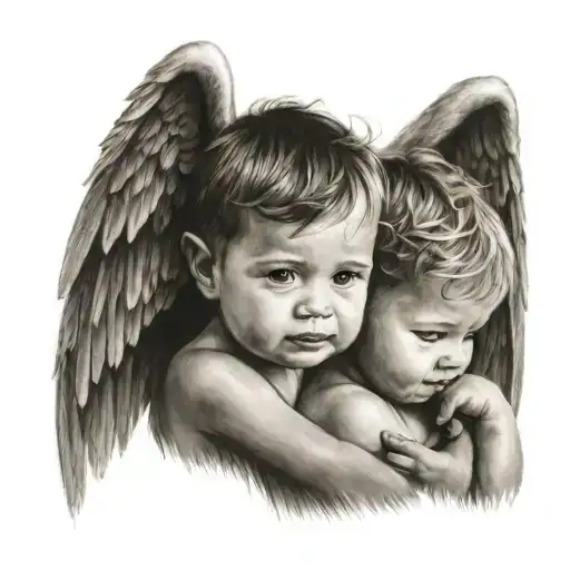 A stylized portrait of your two kids playing together, with a subtle angel wing symbol to represent your lost baby tattoo design idea