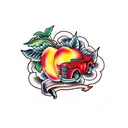 peach in an old red truck tattoo design idea