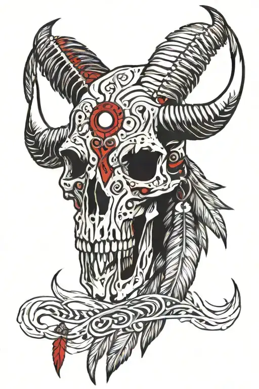 bison skull with red tail hawk feathers hanging from it tattoo design idea