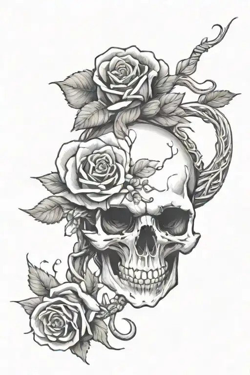 skull snakes and rose tattoo design idea