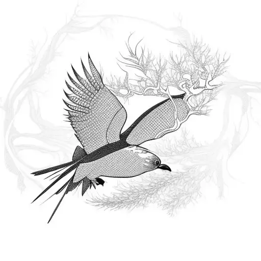A bird soaring through a forest of intricate branches tattoo design idea