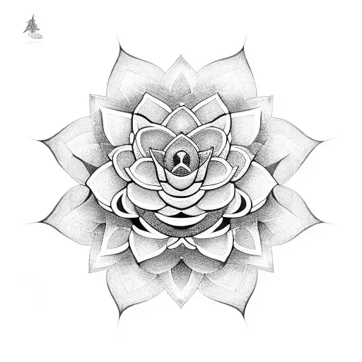 A geometric design of a snake coiled around a blooming lotus flower, with abstract bird silhouettes in the background tattoo design idea