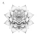 A geometric design of a snake coiled around a blooming lotus flower, with abstract bird silhouettes in the background tattoo design idea