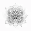 A geometric design of a snake coiled around a blooming lotus flower, with abstract bird silhouettes in the background tattoo design idea