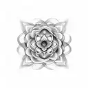 A geometric design of a snake coiled around a blooming lotus flower, with abstract bird silhouettes in the background tattoo design idea