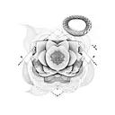 A geometric design of a snake coiled around a blooming lotus flower, with abstract bird silhouettes in the background tattoo design idea