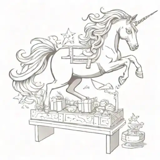 A magical unicorn jumping over a stand filled with favorite toys tattoo design idea