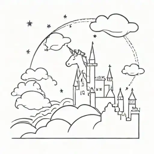 A unicorn flying over a magical castle surrounded by stars and clouds tattoo design idea
