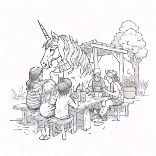 A mystical unicorn reading stories to a group of children at a lemonade stand tattoo design idea