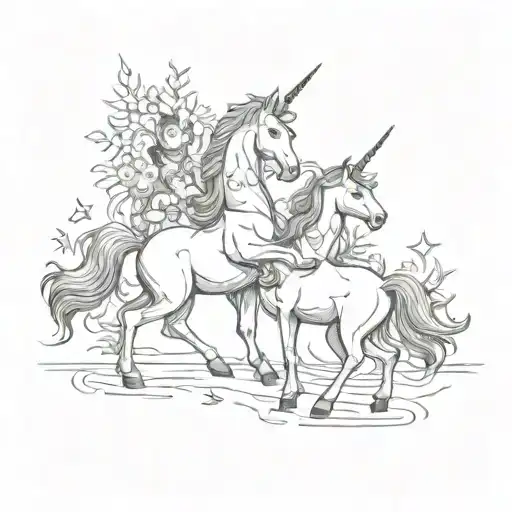 A playful unicorn playing with a group of children in a stand tattoo design idea