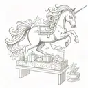 A magical unicorn jumping over a stand filled with favorite toys tattoo design idea