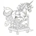 A magical unicorn jumping over a stand filled with favorite toys tattoo design idea