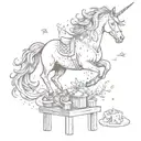 A magical unicorn jumping over a stand filled with favorite toys tattoo design idea