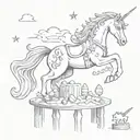 A magical unicorn jumping over a stand filled with favorite toys tattoo design idea
