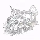 A mystical unicorn reading stories to a group of children at a lemonade stand tattoo design idea