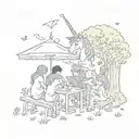 A mystical unicorn reading stories to a group of children at a lemonade stand tattoo design idea