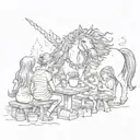 A mystical unicorn reading stories to a group of children at a lemonade stand tattoo design idea